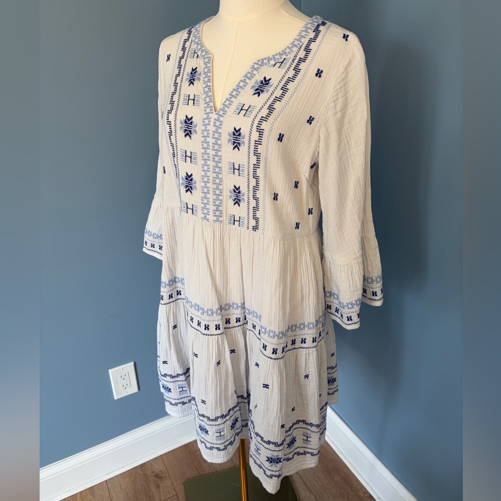 Fat Face Embroidered Boho Tunic Dress Cream Blue Cotton Tiered Mini Size 6
